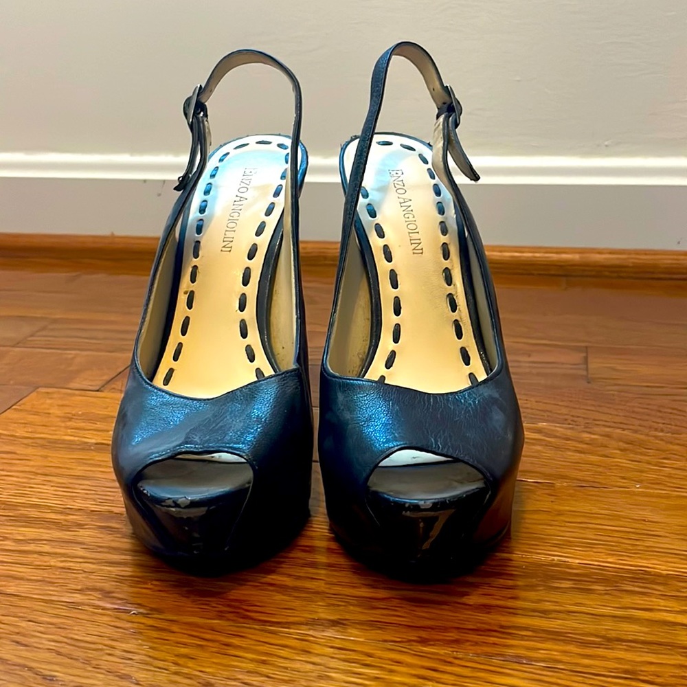 Black leather peep toe sling back heels 4”